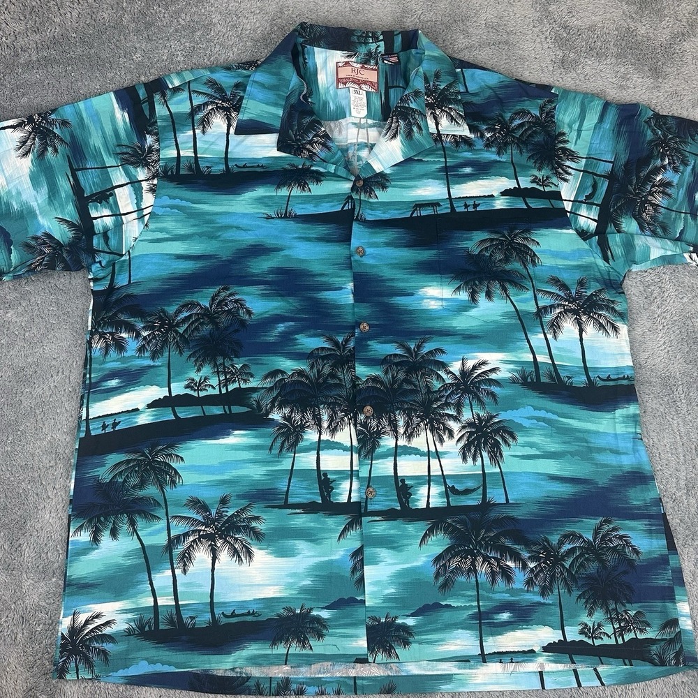 RJC Hawaiian Button Up Shirt Mens 3XL Blue Palm Tree Tropical Made in USA 102C